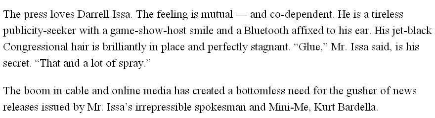 New York Times on Darrell Issa