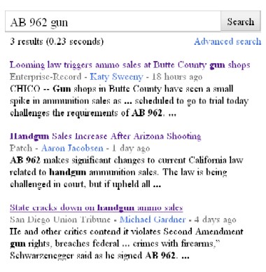 Google News found stories about AB 962 going into effect, but none about the decision suspending the law. Screen grab taken at 4:52 p.m. Jan. 18, 2011